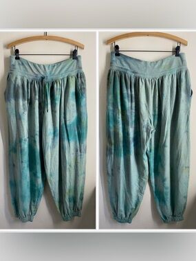 Garnet Hill Gathered Harem Pants Womens L Green Blue Tie Dye Balloon Lounge